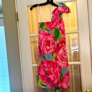 Lilly Pulitzer Pink Floral Mini Dress, one shoulder, Cotton, Size 2, NWOT